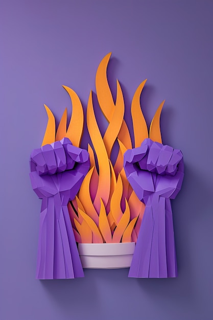 Free photo view of purple fists with fire for womens day celebration