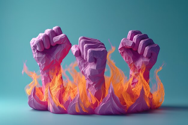 View of purple fists with fire for womens day celebration