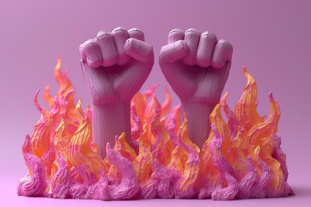 View of purple fists with fire for womens day celebration