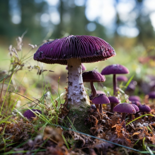 Free photo view of purple mushrooms in forest