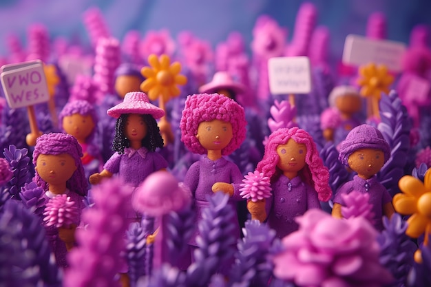 Free photo view of purple women figurines for womens day celebration