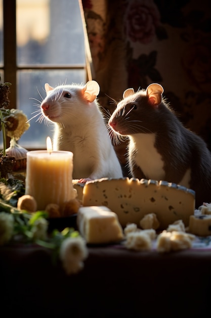 Foto gratuita vista di un ratto con uno spuntino di formaggio