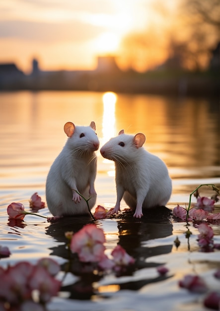 Free photo view of rats with cherry blossom flowers