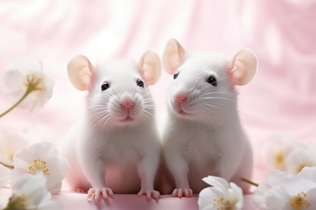 Free photo view of rats with flowers