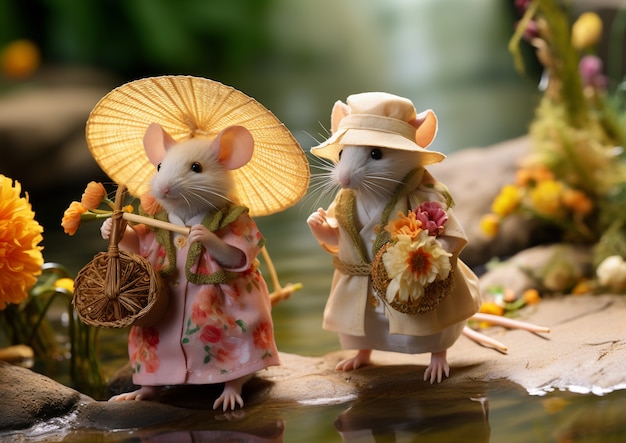 View of rats with traditional asian clothing