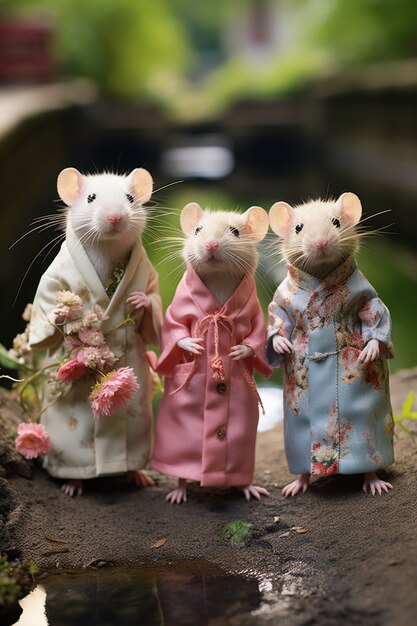 View of rats with traditional asian clothing