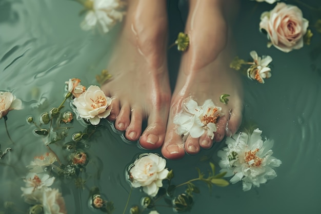 View of realistic feet touching clear flowing water