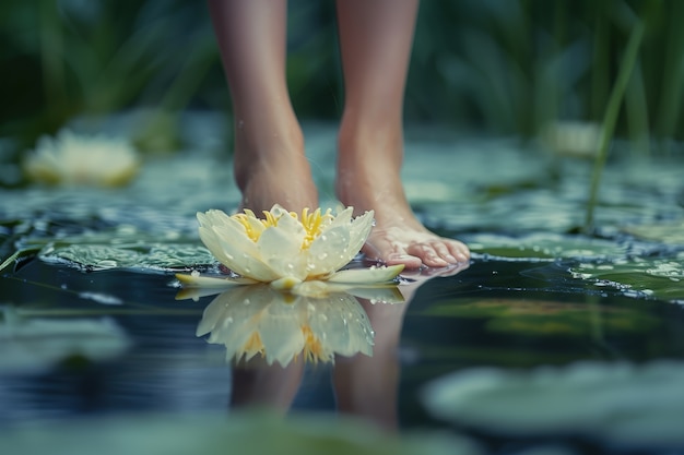 Free photo view of realistic feet touching clear flowing water