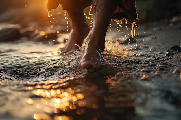 Foto gratuita vista di piedi realistici che toccano l'acqua limpida che scorre