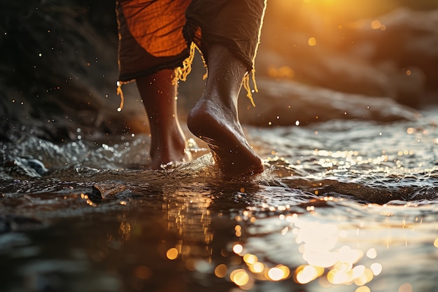 Foto gratuita vista di piedi realistici che toccano l'acqua limpida che scorre