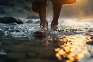 Free photo view of realistic feet touching clear flowing water