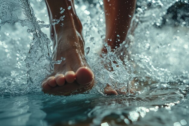 透明な流れ水に触れる現実的な足の景色