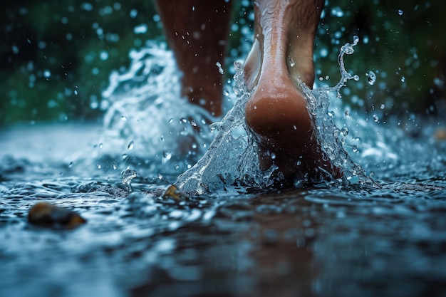 Foto gratuita vista di piedi realistici che toccano l'acqua limpida che scorre