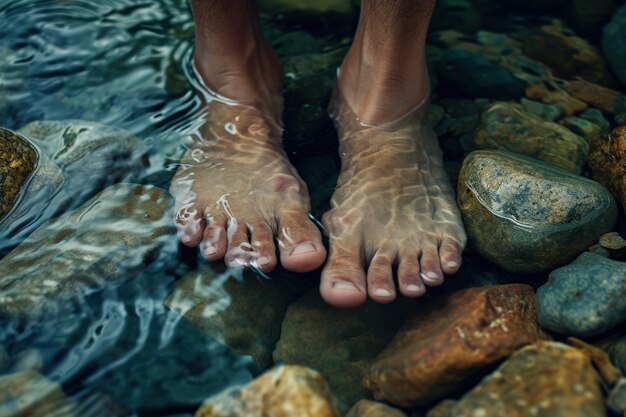 Foto gratuita vista di piedi realistici che toccano l'acqua limpida che scorre