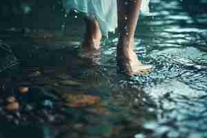 Free photo view of realistic feet touching clear running water