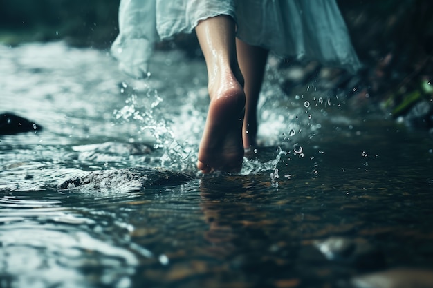 View of realistic feet touching clear running water