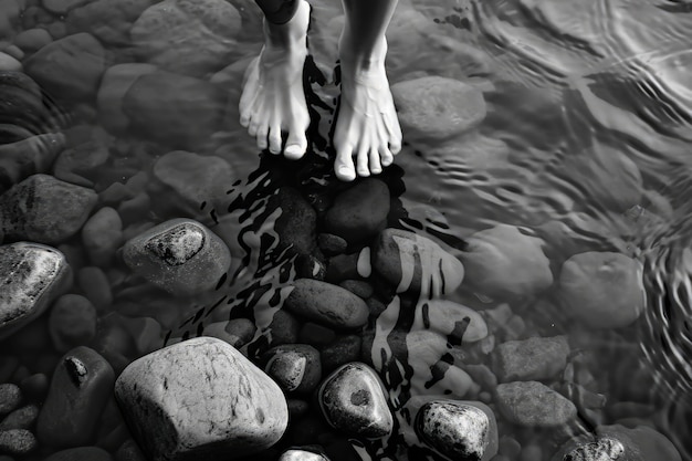 View of realistic feet touching clear running water