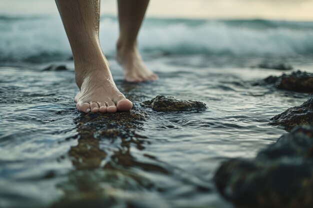 透明な流れ水に触れる現実的な足の景色