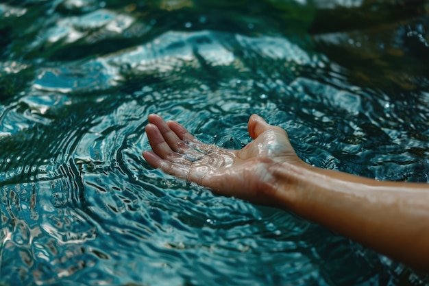 Foto gratuita vista di una mano realistica che tocca l'acqua limpida che scorre