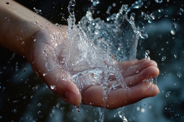 透明な流れる水に触れる現実的な手の景色