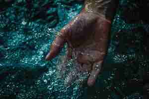 Foto gratuita vista di una mano realistica che tocca l'acqua limpida che scorre