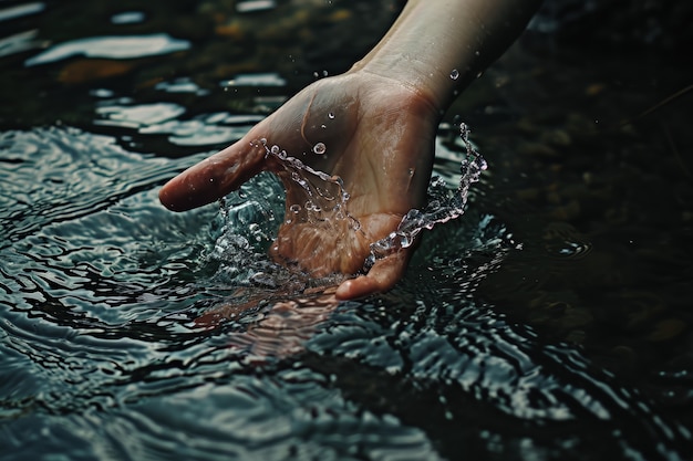 Free photo view of realistic hand touching clear flowing water