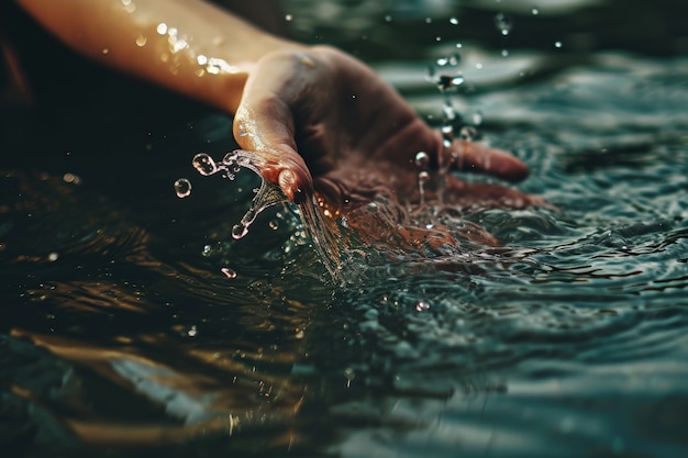 Vista di una mano realistica che tocca l'acqua limpida che scorre