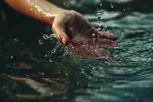 Foto gratuita vista di una mano realistica che tocca l'acqua limpida che scorre