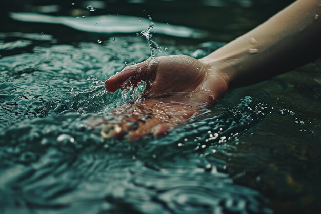 透明な流れる水に触れる現実的な手の景色