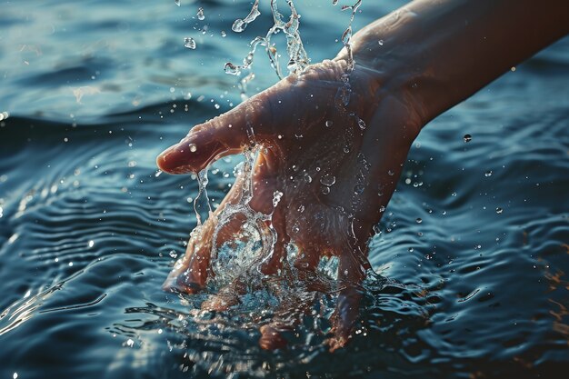 Free photo view of realistic hand touching clear flowing water