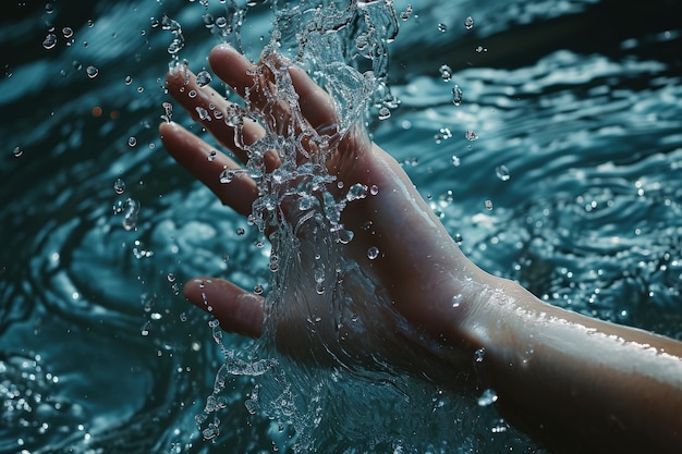 Free photo view of realistic hand touching clear flowing water