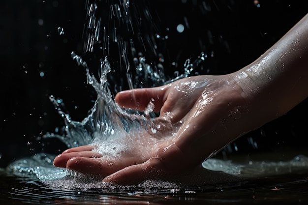 Vista di una mano realistica che tocca l'acqua limpida che scorre