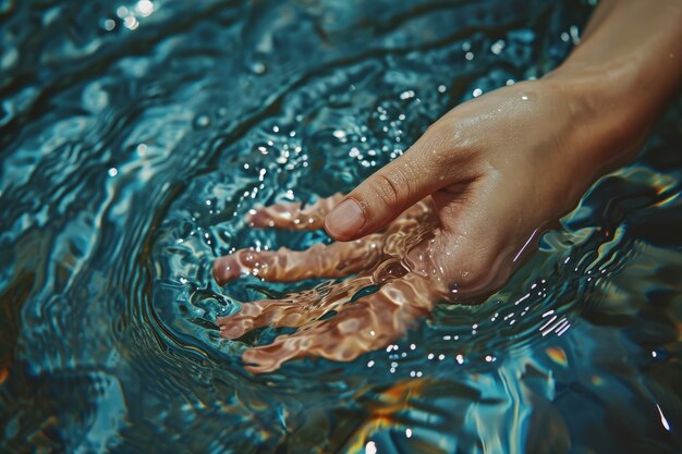 View of realistic hand touching clear flowing water