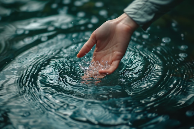 Vista di una mano realistica che tocca l'acqua limpida che scorre