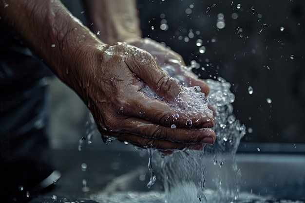 view of realistic hands touching clear flowing water