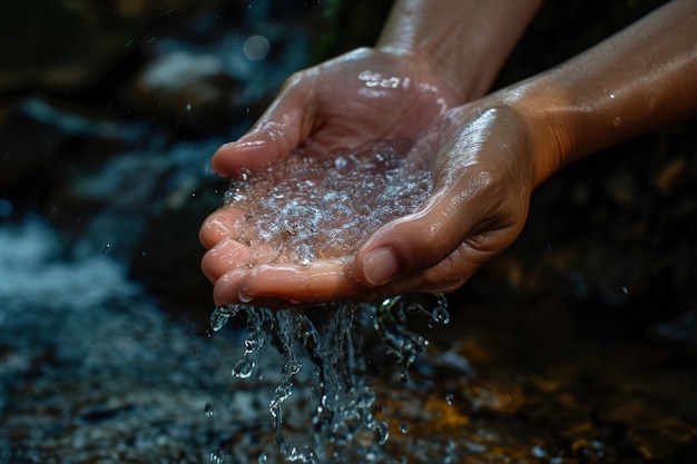 Foto gratuita vista di mani realistiche che toccano l'acqua limpida che scorre