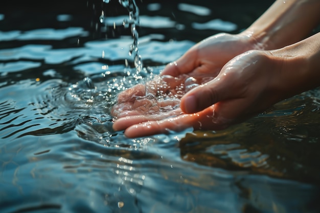 透明な流れる水に触れる現実的な手の姿