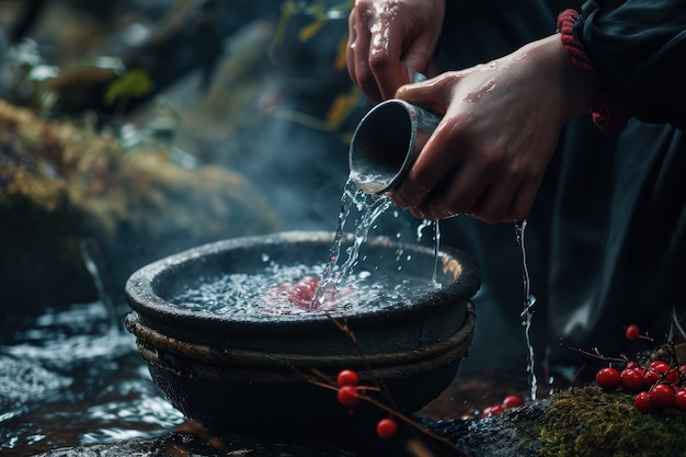 Free photo view of realistic hands washing fruits in clear flowing water