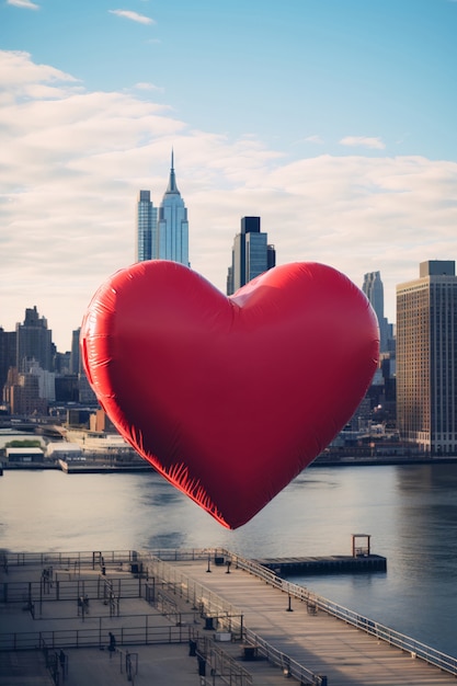 View of red heart balloon floating over the city