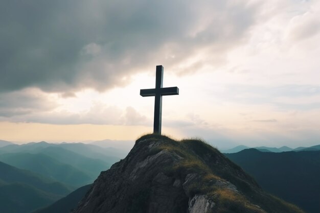 Вид на религиозный крест на вершине горы с небом и облаками