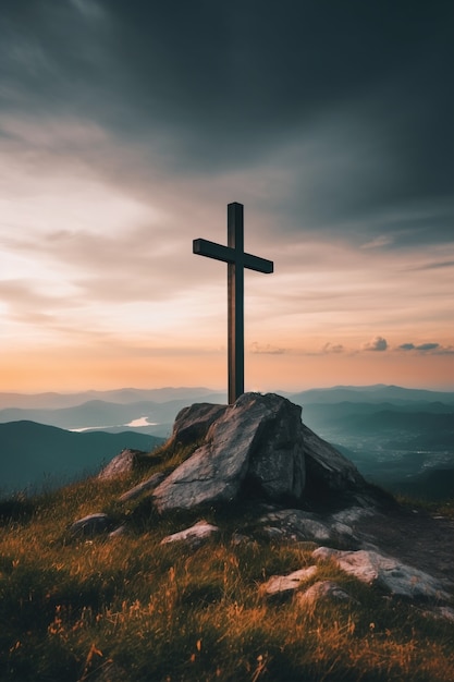 View of religious cross on mountain top with sky and clouds