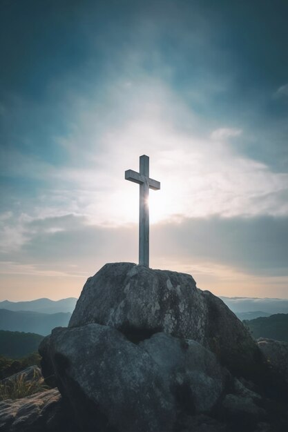 View of religious cross on mountain top with sky and clouds