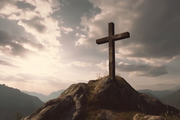 View of religious cross on mountain top with sky and clouds