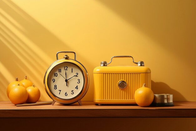 View of retro alarm clock device in nutshell tones