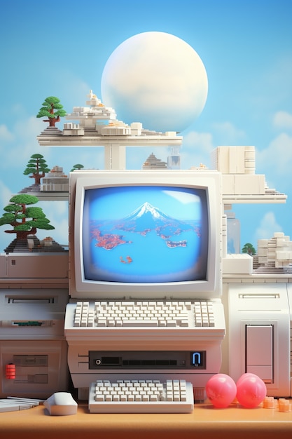 Free photo view of retro looking computer on desk workstation