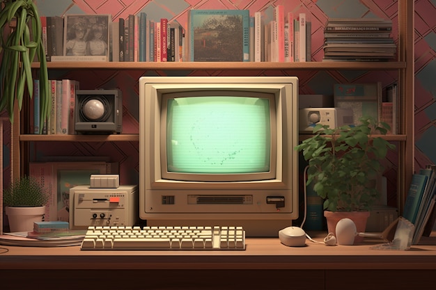 View of retro looking computer on desk workstation