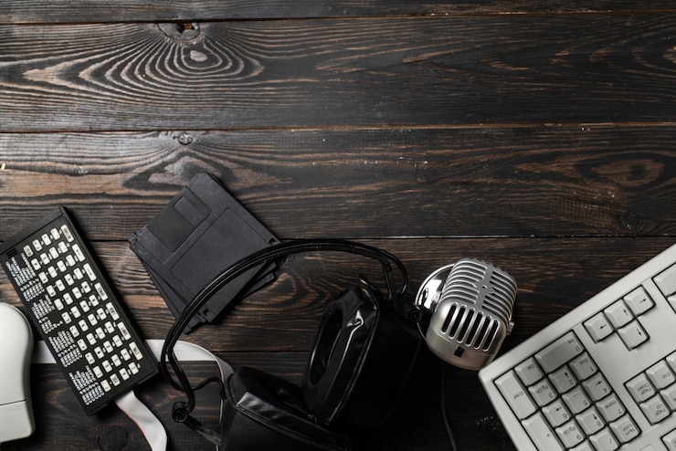 Free Photo view of retro microphone and technology with copy space