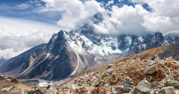 View on ritual pyramids and mountains. sagarmatha park route to everest camp. nepal