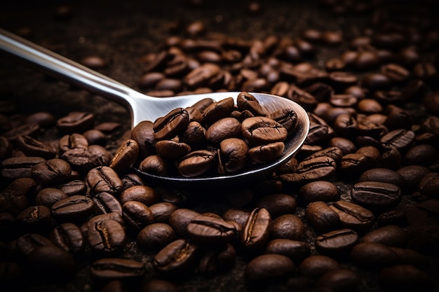 View of roasted coffee beans with spoon