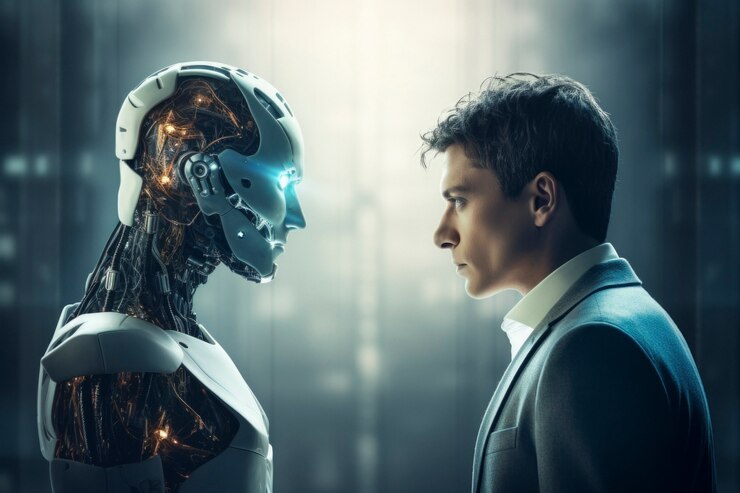Free Photo view of robot next to human businessperson